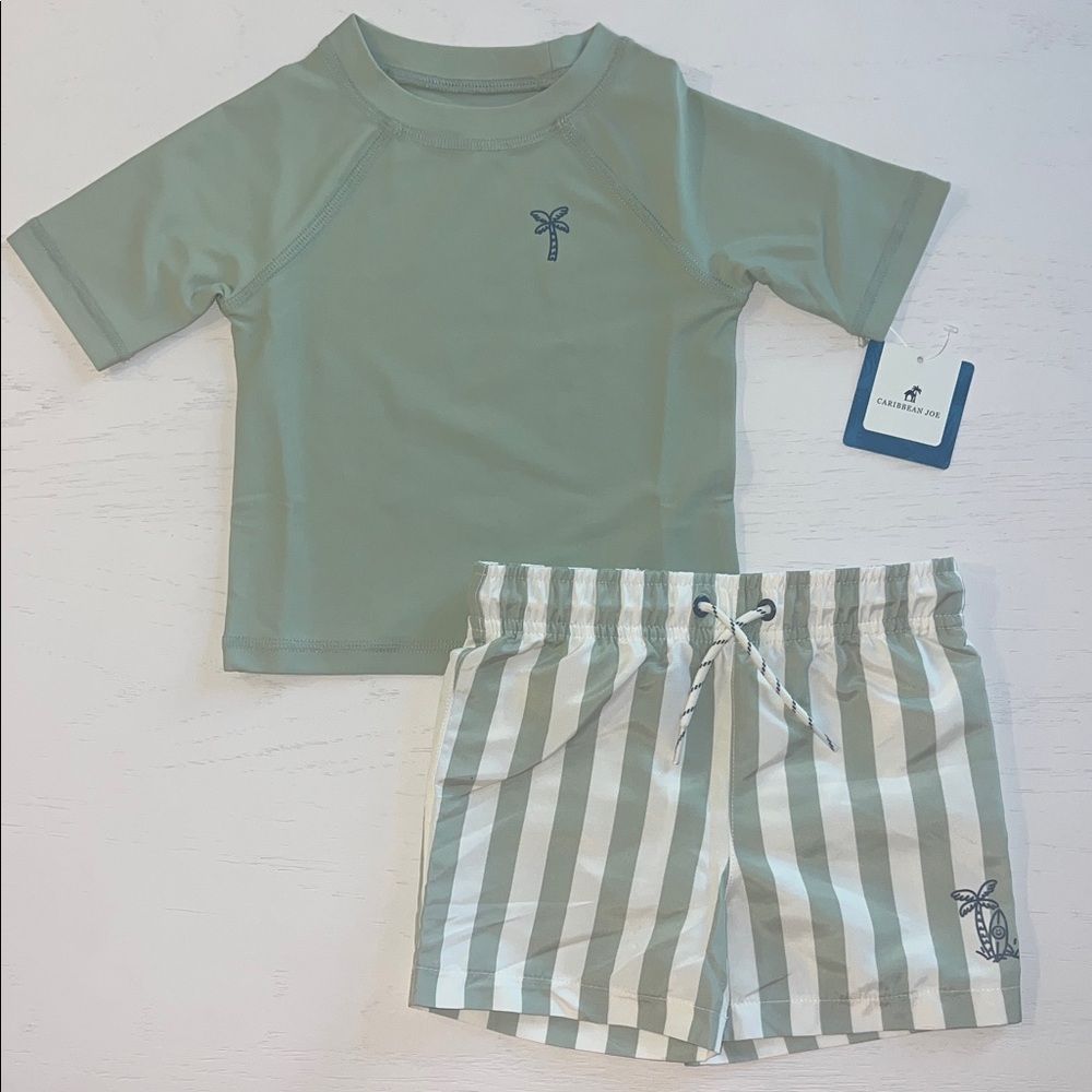 Caribbean Joe Sage Green Kids Swim Rashguard Set 2T 3T